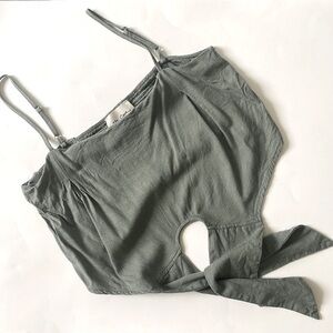 The Cove Sage Green Tie Front Linen Crop Top - L
